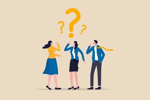 Cartoon image of group of people with question marks